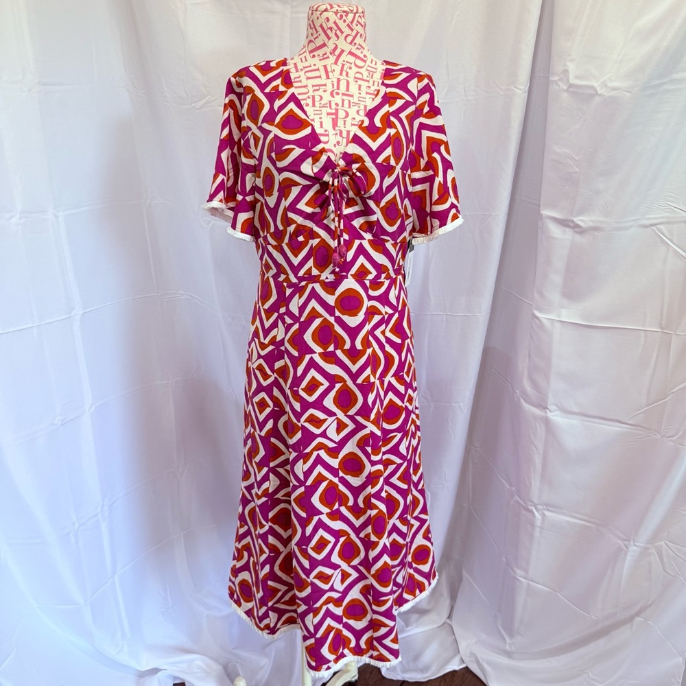 NWT Tahari ASL Geo Print Fringed Midi Fit & Flare Dress Wild Berry Size 8P‎